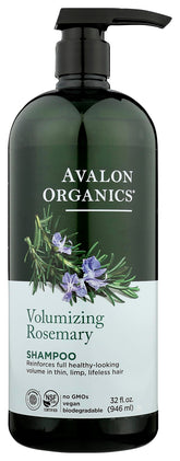 Avalon Organics Rosemary Shampoo bottle front showing volumizing formula for thin hair.