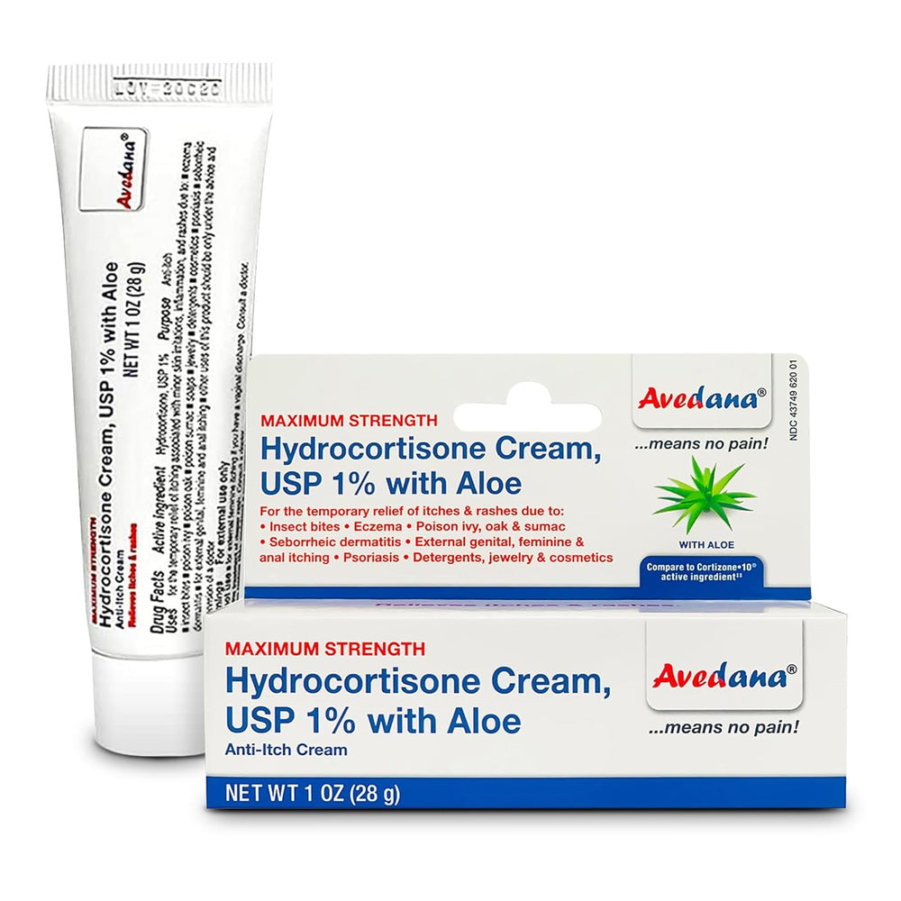 AVEDANA Hydrocortisone Cream bottle front with aloe for rapid itch relief.