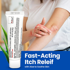 AVEDANA Hydrocortisone Cream tube close-up shows a quick-absorbing formula.
