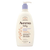 Aveeno Baby Calming Comfort Lotion bottle close-up with lavender and vanilla scent for nighttime hydration