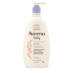 Aveeno Baby Calming Comfort Lotion bottle close-up with lavender and vanilla scent for nighttime hydration
