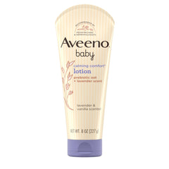 Aveeno Baby Calming Comfort Lotion bottle with lavender-vanilla scent for soothing bedtime.