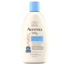 Aveeno Baby Cleansing Therapy bottle closeup, gentle cleansing for sensitive skin.