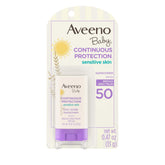 Aveeno Baby sunscreen stick on the face with SPF 50 broad spectrum protection.