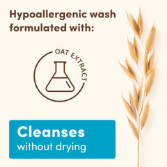 Aveeno Baby Daily Moisture label closeup highlights oat extract and hypoallergenic formula.