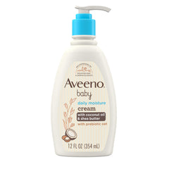 Aveeno Baby Daily Moisturizing Cream bottle front with soothing coconut scent