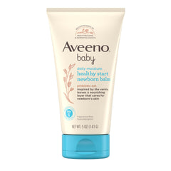 Aveeno Baby Healthy Start Balm tube demonstrating a soothing daily moisturizer for newborn skin