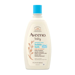 Aveeno Baby Sensitive Skin Bubble Bath pours to create gentle, soothing bubbles.
