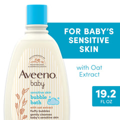 Aveeno Baby Sensitive Skin Bubble Bath creamy lather for daily gentle cleansing.