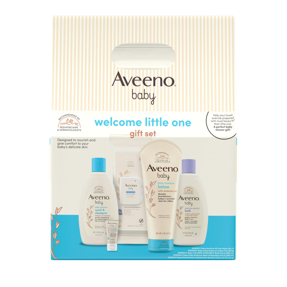 Aveeno Baby Welcome Little One Gift Set box displaying five newborn skincare essentials.