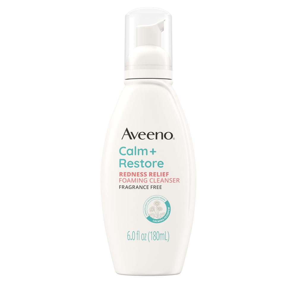 Aveeno Calm + Restore bottle shows 6 oz size for gentle redness relief cleanse.