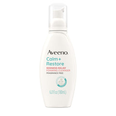 Aveeno Calm + Restore bottle shows 6 oz size for gentle redness relief cleanse.
