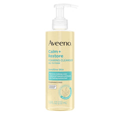 Aveeno Calm + Restore foaming cleanser bottle front, fragrance-free formula for sensitive skin.