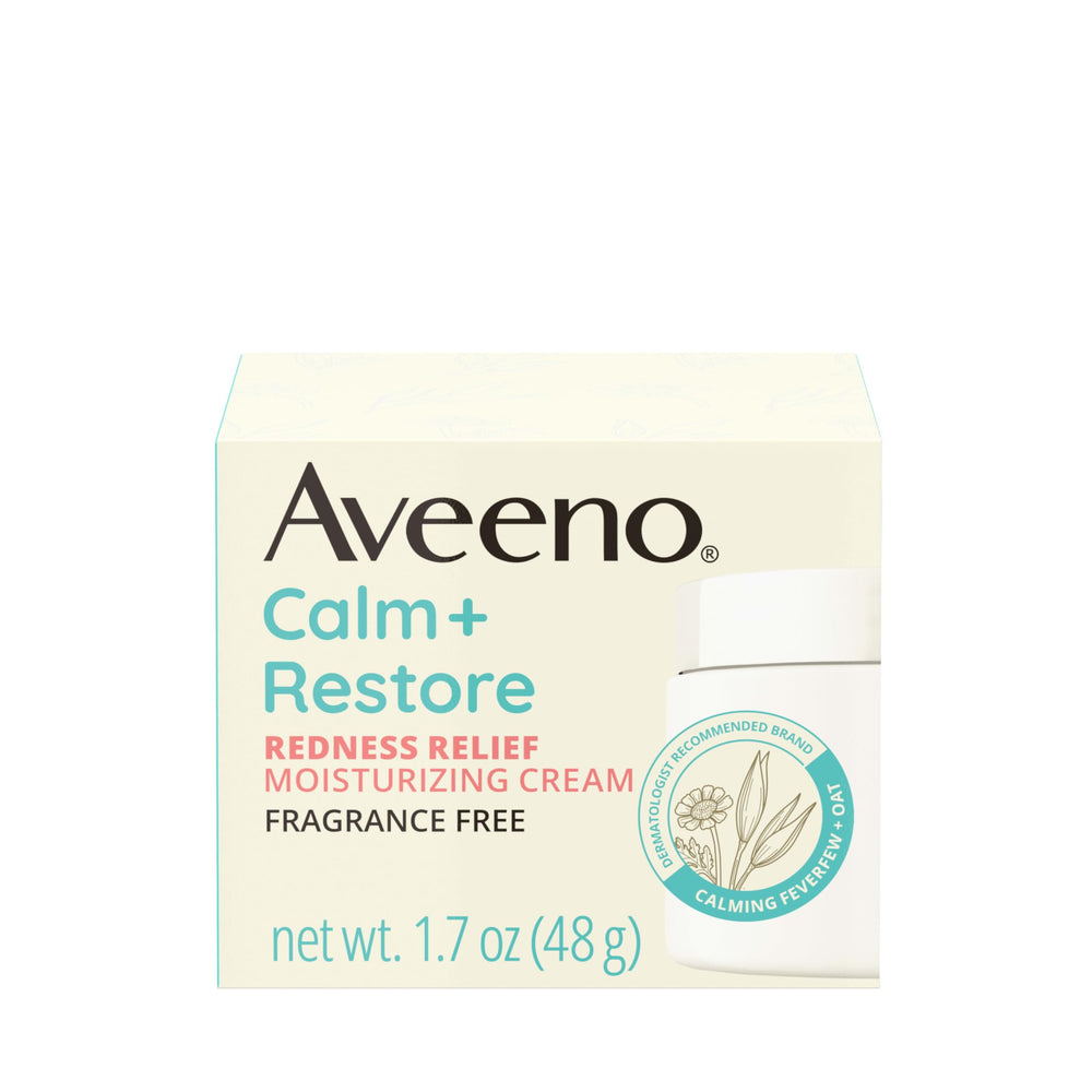 Aveeno Calm + Restore jar close-up showing fragrance free formula for sensitive skin