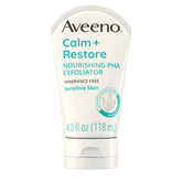 Aveeno Calm + Restore Exfoliator bottle shows fragrance-free formula for sensitive skin.