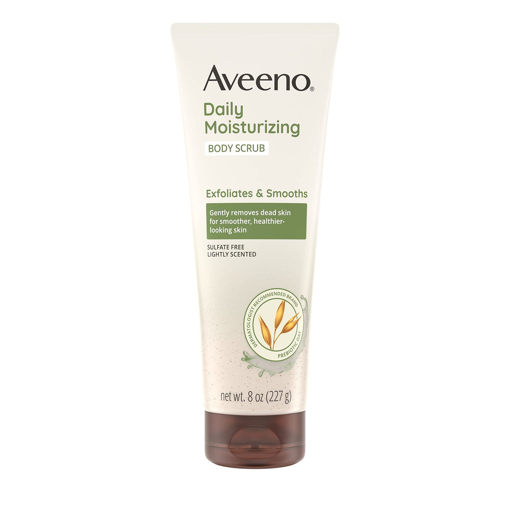 Aveeno daily moisturizing body scrub tube closeup showing smooth texture for gentle exfoliation and smoother skin
