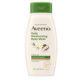 Aveeno Daily Moisturizing Body Wash bottle front; gentle hydration for sensitive skin.