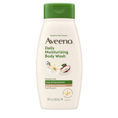 Aveeno Daily Moisturizing Body Wash bottle front; gentle hydration for sensitive skin.