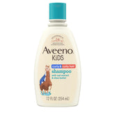 Aveeno Kids Curly and Coily Shampoo bottle shows gentle cleansing for sensitive scalps