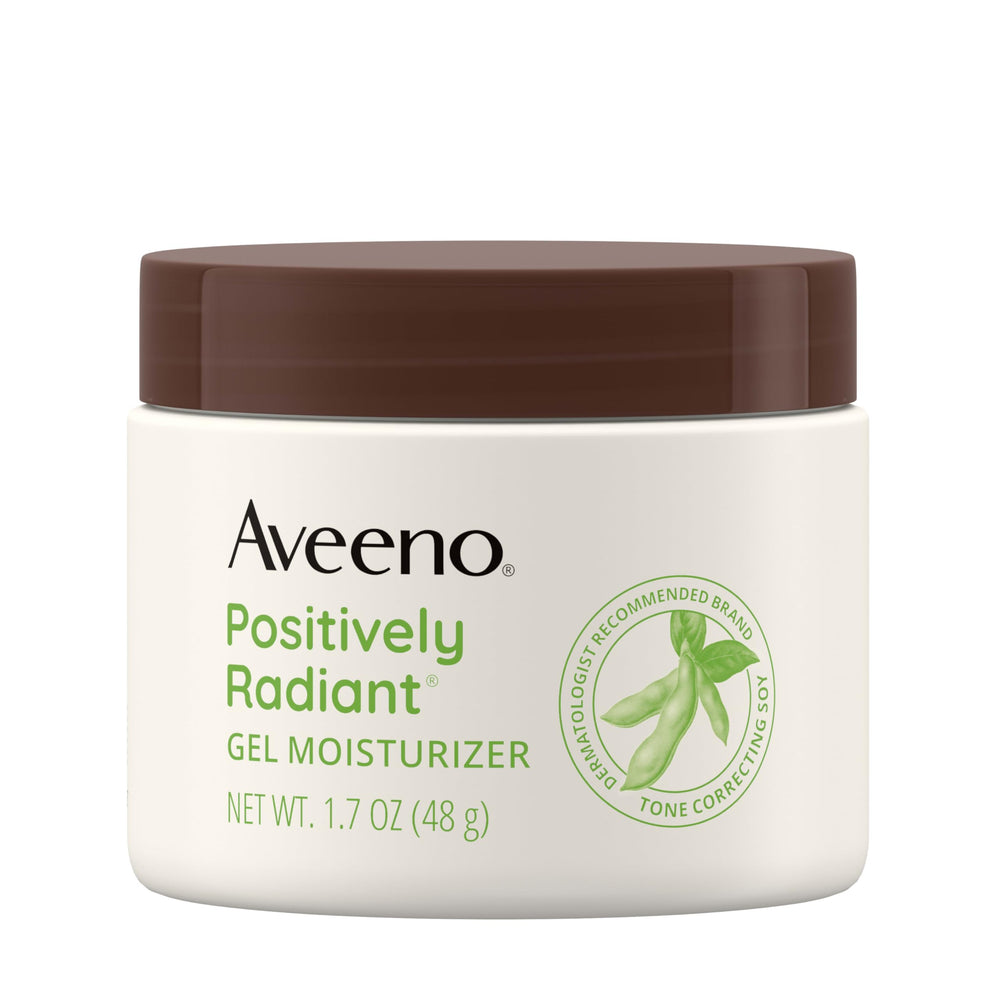 Aveeno Positively Radiant bottle close-up highlighting hydrating gel for brighter skin.