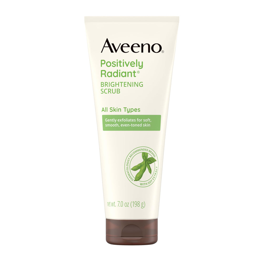 Aveeno Positively Radiant scrub bottle front shows brightening potential for daily skincare