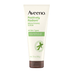 Aveeno Positively Radiant scrub bottle front shows brightening potential for daily skincare