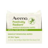Aveeno Positively Radiant wipes twin-pack front view for gentle, oil-free cleansing.