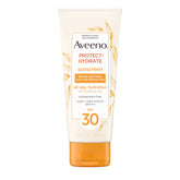 Aveeno Protect and Hydrate SPF 30 bottle showing broad-spectrum protection for daily sun use.