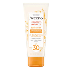 Aveeno Protect and Hydrate SPF 30 bottle showing broad-spectrum protection for daily sun use.