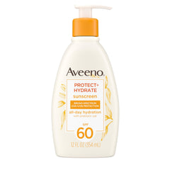 Aveeno Protect + Hydrate SPF 60 bottle with lightweight hydration and sun protection.