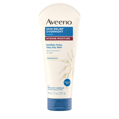 Aveeno Skin Relief Overnight Moisture Cream tube close-up with rich hydration.