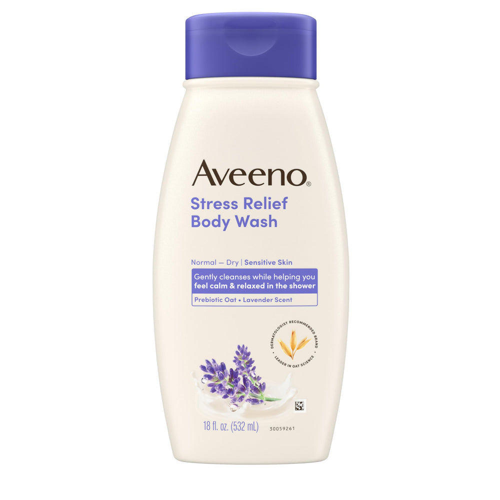 Aveeno Stress Relief Body Wash bottle with lavender scent for a calming shower.