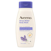 Aveeno Stress Relief Body Wash bottle with lavender scent for a calming shower.