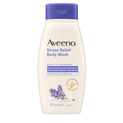 Aveeno Stress Relief Body Wash bottle with lavender scent for a calming shower.