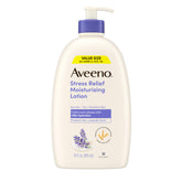 Aveeno Stress Relief Lotion bottle pouring for quick hydration and calm skin.