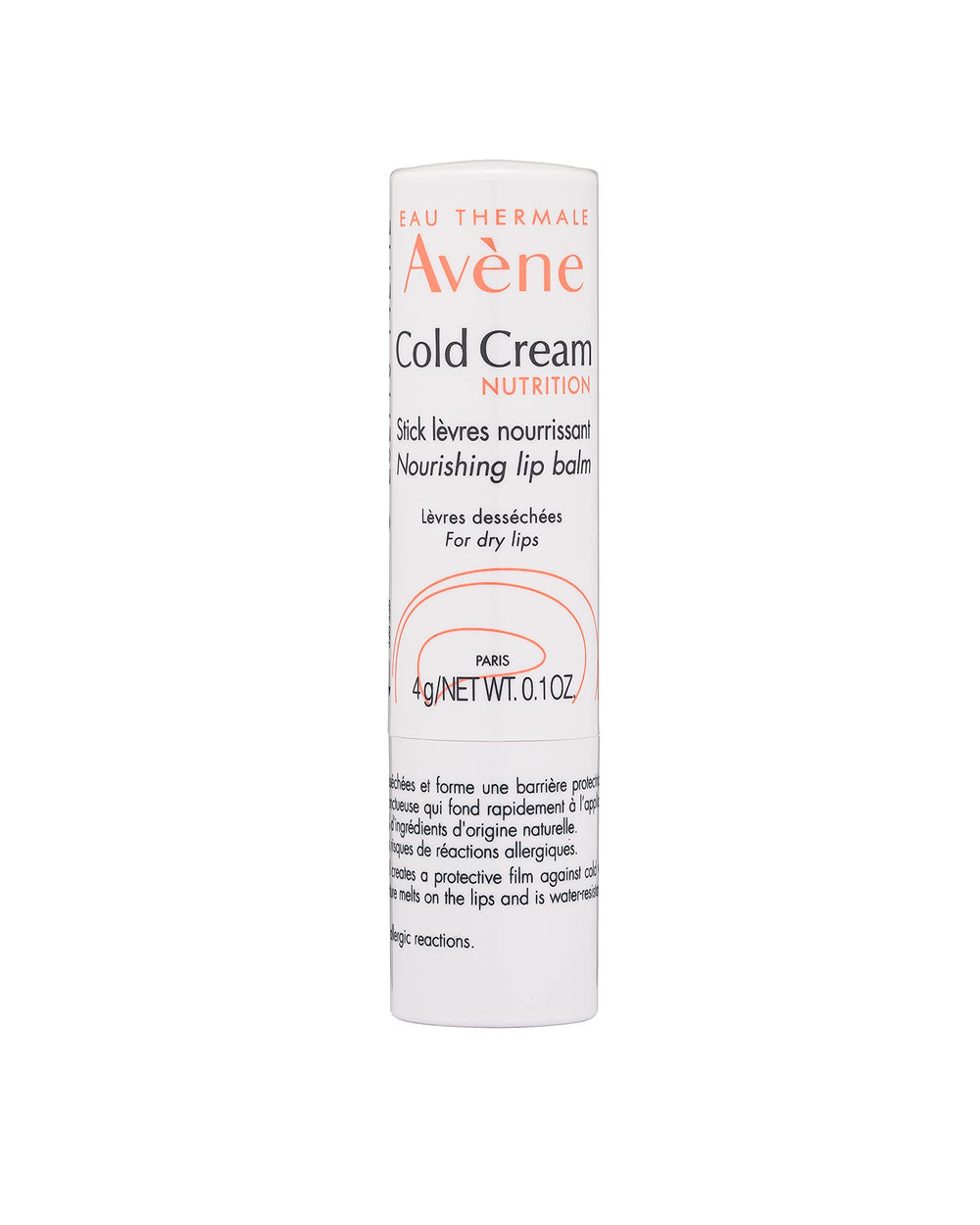 Avene Cold Cream Nutrition Lip Balm tube front showing smooth packaging and nourishing care for dry lips.