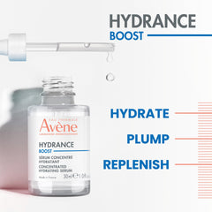 Avène Hydrance Boost Serum texture shown as a refreshing water-gel for hydration.