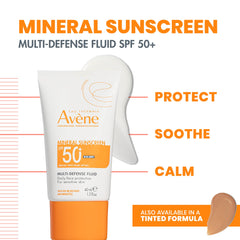 Avène packaging highlighting 100% mineral filters and antioxidant protection.
