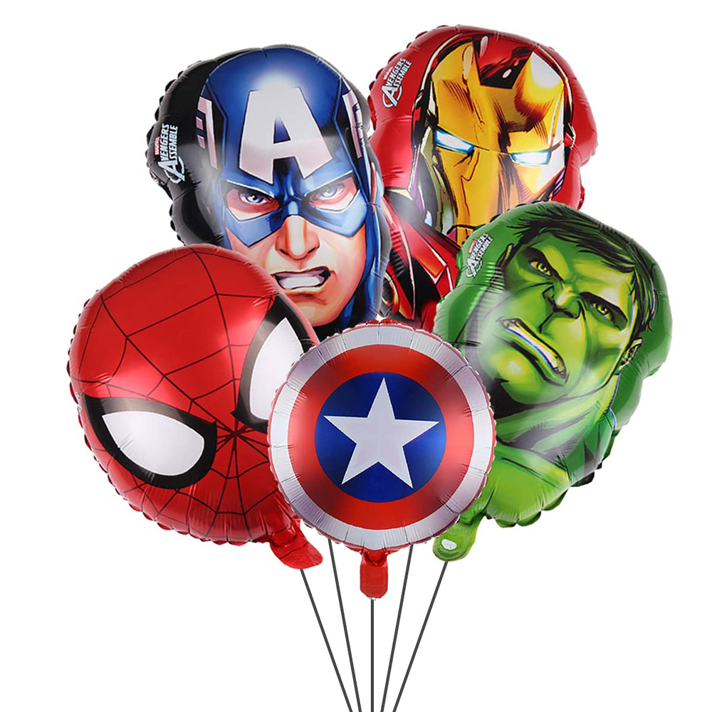 Avengers foil balloons with five distinct roles for dynamic party decor.