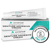 Avistar extra-strong denture adhesive tube with ergonomic design for precise application.