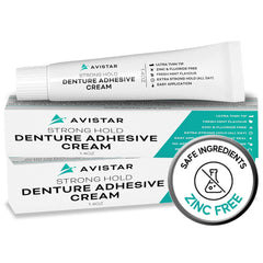 Avistar extra-strong denture adhesive tube with ergonomic design for precise application.