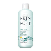 AVON Skin So Soft Original bottle front, supports lasting moisture for smoother skin.