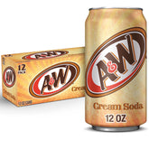 A&W Cream Soda can 12-pack on shelf, perfect for gatherings.