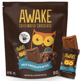 AWAKE caffeinated chocolate bites packaging shows a premium fairtrade treat for energizing afternoons