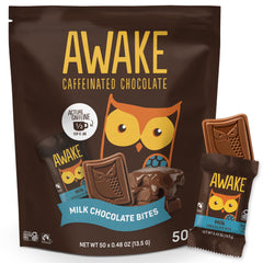AWAKE caffeinated chocolate bites packaging shows a premium fairtrade treat for energizing afternoons