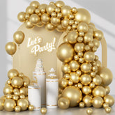 Awenztech metallic gold balloon arch kit setup for a glamorous backdrop