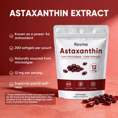 Awjsde Rovina Astaxanthin packaging box highlights non-GMO and gluten-free claims.