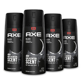 AXE Black men’s body spray bottle front view showing a refreshing odor protection feature
