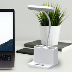 AXX desk lamp with pen holder keeps writing tools within reach during study.
