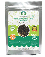 AYURVEDASHREE long pepper 100g pack close-up; rich aroma for curries.